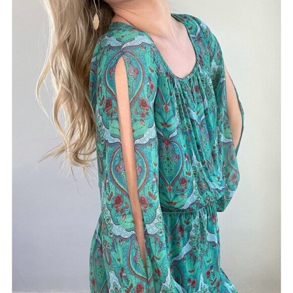 Chelsea & Violet Sz S Split Sleeve Shift Tunic Dress Blouson Paisley Print Green - Picture 6 of 13